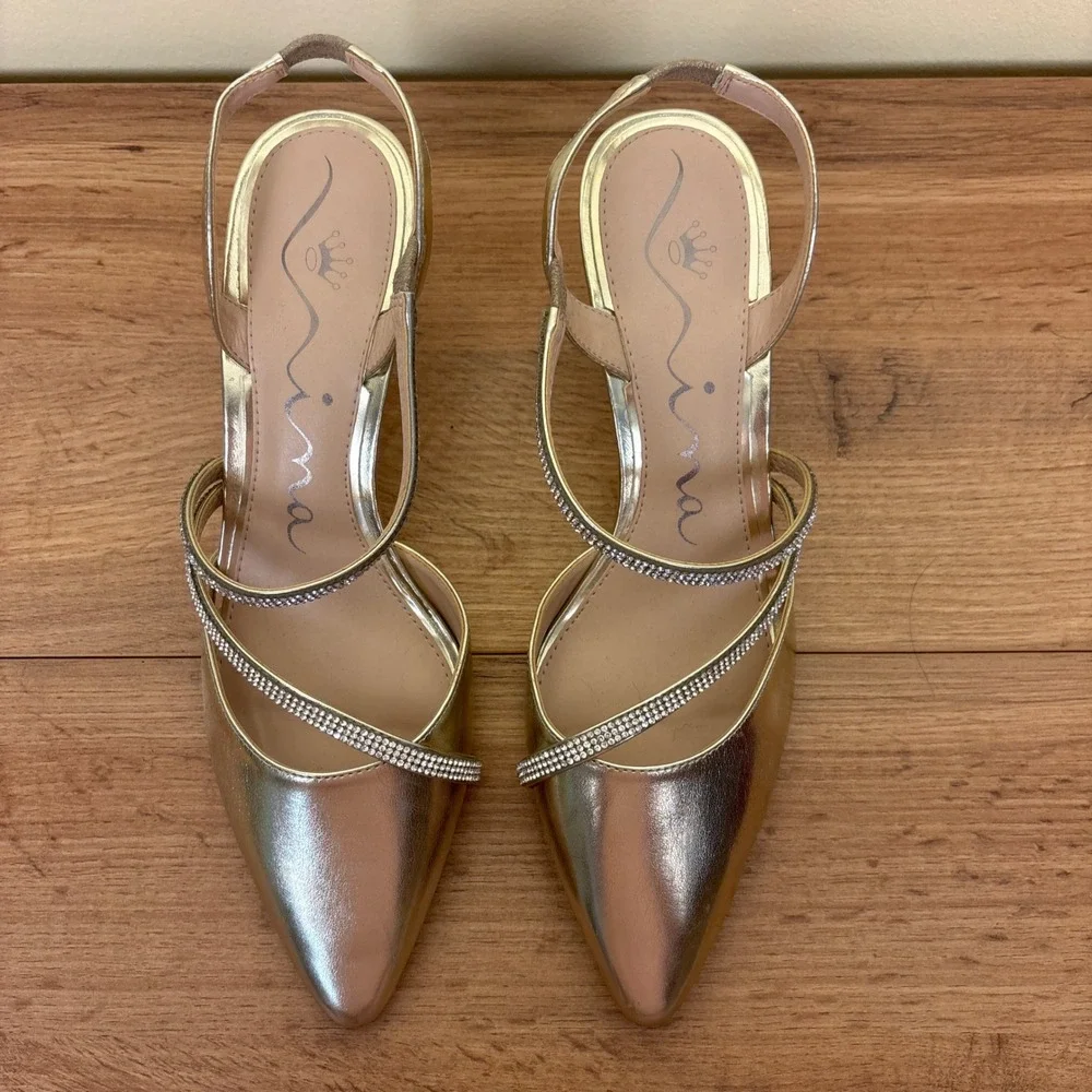 NINA Nela Slingback Pointed Toe Pumps In Platino Gold Women Size 10 Formal Party